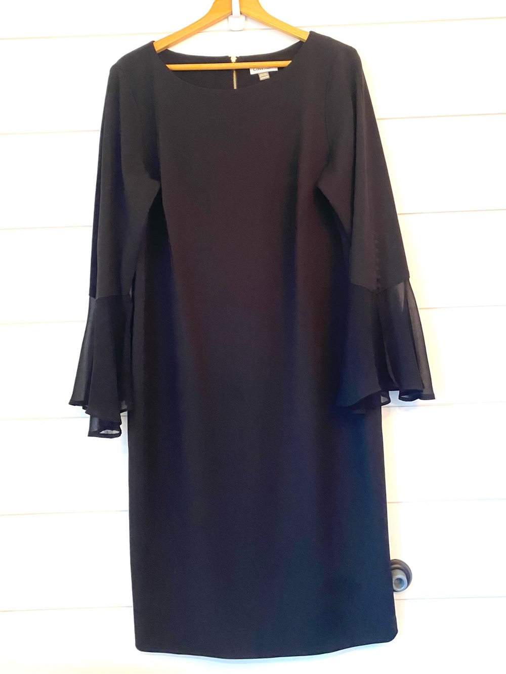 Calvin Klein Black Long-Sleeve Shift Dress with Sheer Bell Sleeves. Size 16